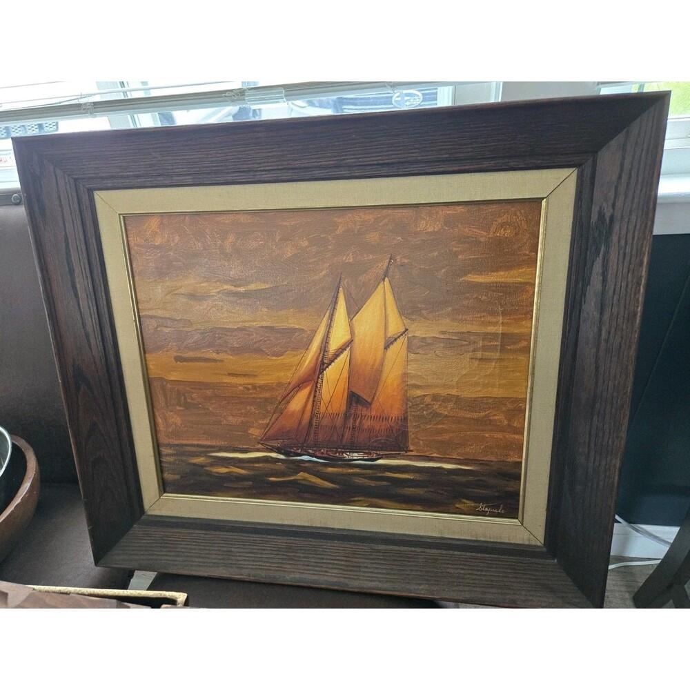 vintage maritime oil painting By Charles Stepule. schooner/Sunset/Coastal